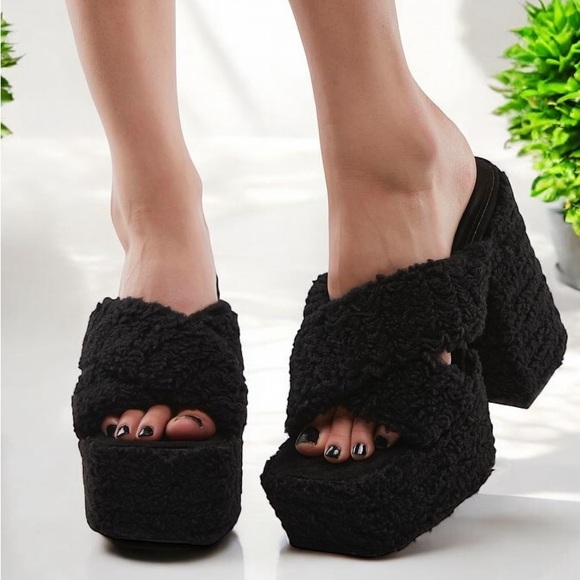 Black Fuzzy Square Toe Platform Mule - Picture 3 of 6